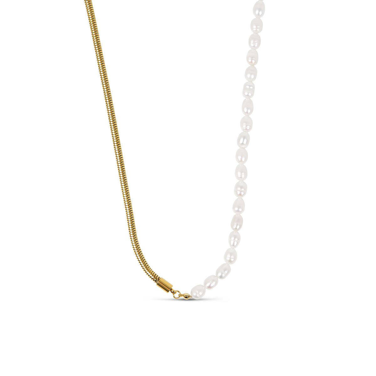 Rounded Snake Chain Pearl Necklace - Gold